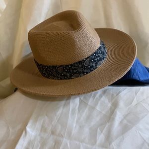 Furtalk - Tan Hat with Blue, Tan and White Ribbon - adjustable string inside- L